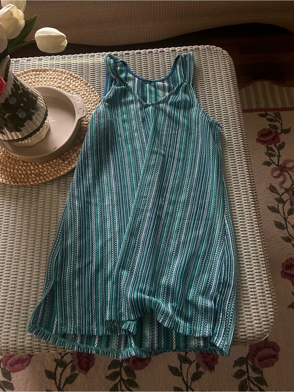 Women's Sleeveless Stripe Tank Dress - Teal Green